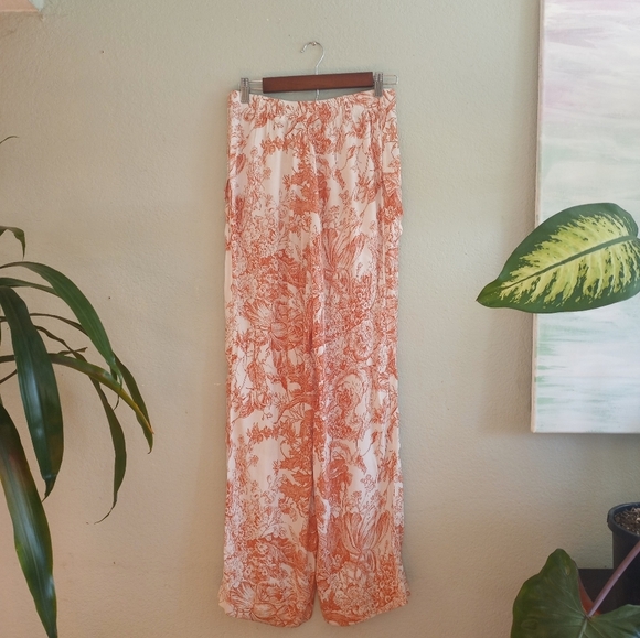 Zara Pastel Peach and Cream Toile Wide Leg Lightwight Flowy Coastal Silky Pant - Picture 5 of 8